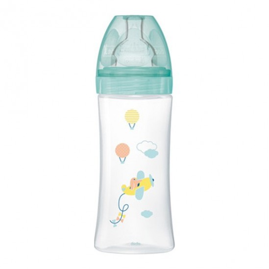 Dodie Biberon de 330ml + tétine plate débit rapide pour bébé dès 6 mois, motif Air