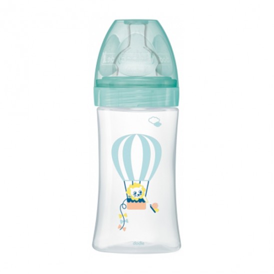 Dodie Biberon 270ml avec tétine plate débit moyen  de 0 à 6 mois, motif mongolfière.