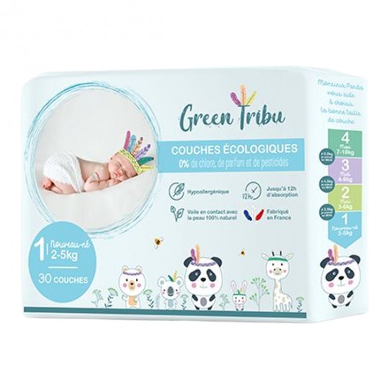 Green Tribu 30 couches hypoallergénique pour bébé taille 1 - 2 à 5kg