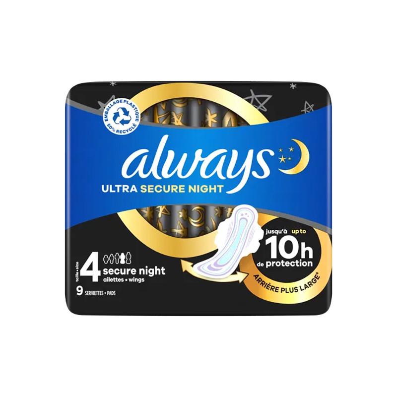 Always Ultra Secure Night taille 4 - 9 serviettes avec ailettes