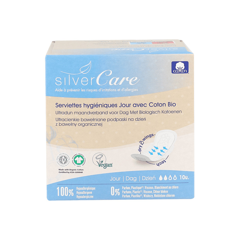 Silver Care Serviettes hygieniques Jour en coton bio 10 unités