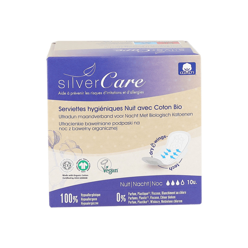 Silver Care Serviettes hygieniques nuit en coton bio 10 unités