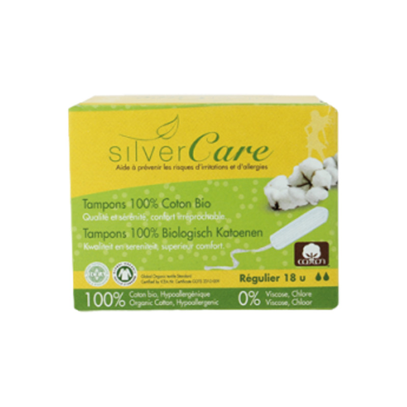 Silver Care Tampons Régulier sans applicateur en coton bio 18 unités