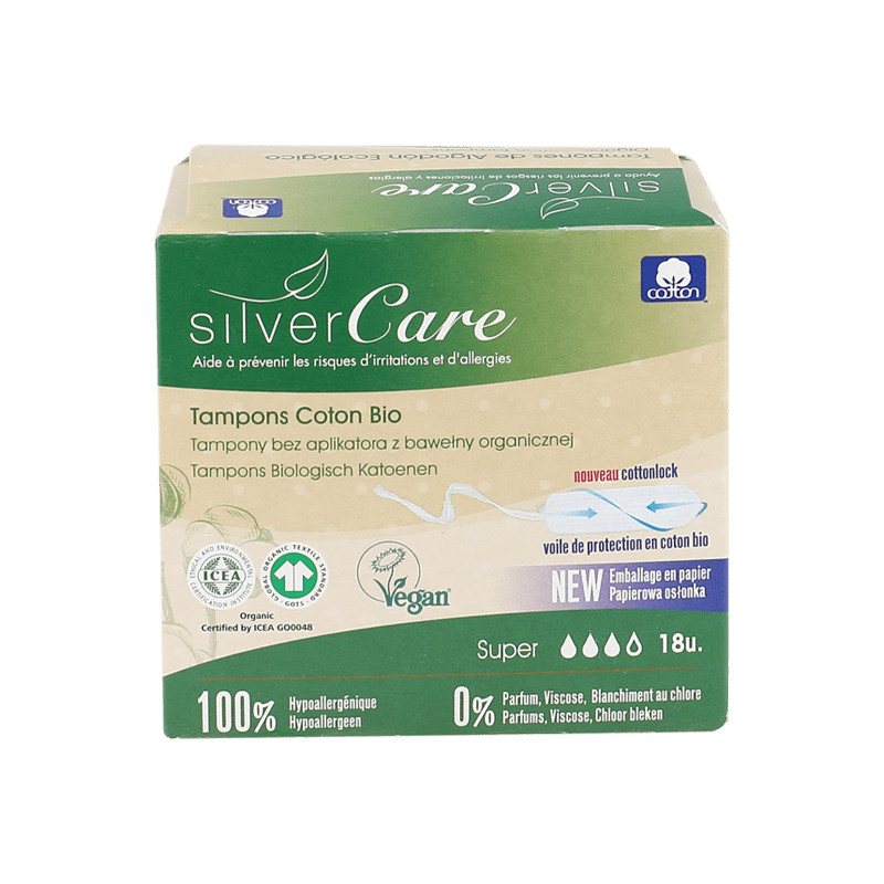 Silver Care Tampons Super sans applicateur en coton bio 18 unités